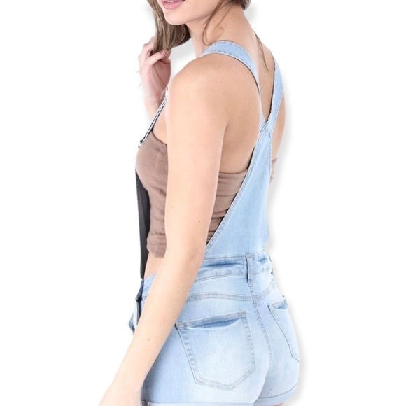 Wax Jean Light Blue Wash Roll Cuff Distressed Denim Shortie Overall, Small - Picture 2 of 8